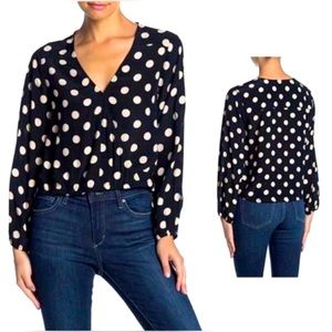 Sanctuary Navy/White Polka Dot Long Sleeve Wrap Top Size Xsmall